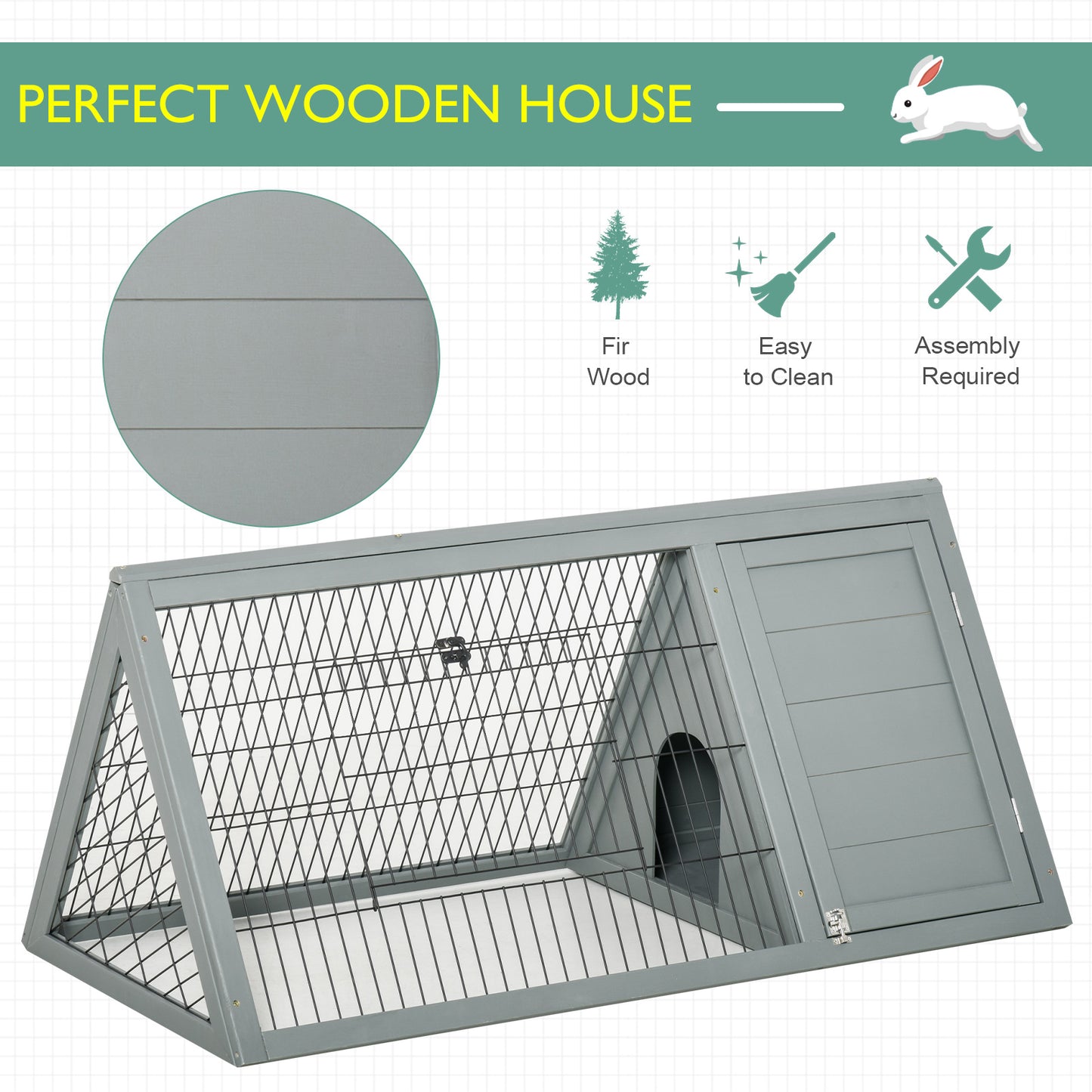 PawHut Wooden Rabbit Hutch Triangle Bunny Ferret Cage Guinea Pig Run Small Animal Hutch Grey 116 x 62.2 x 52.5 cm