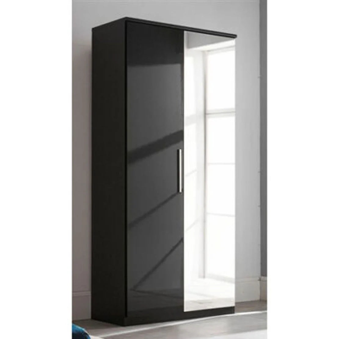 Sleek Black High-Gloss Mirage Minuet 2-Door Wardrobe with Mirror - Stylish Storage Solution