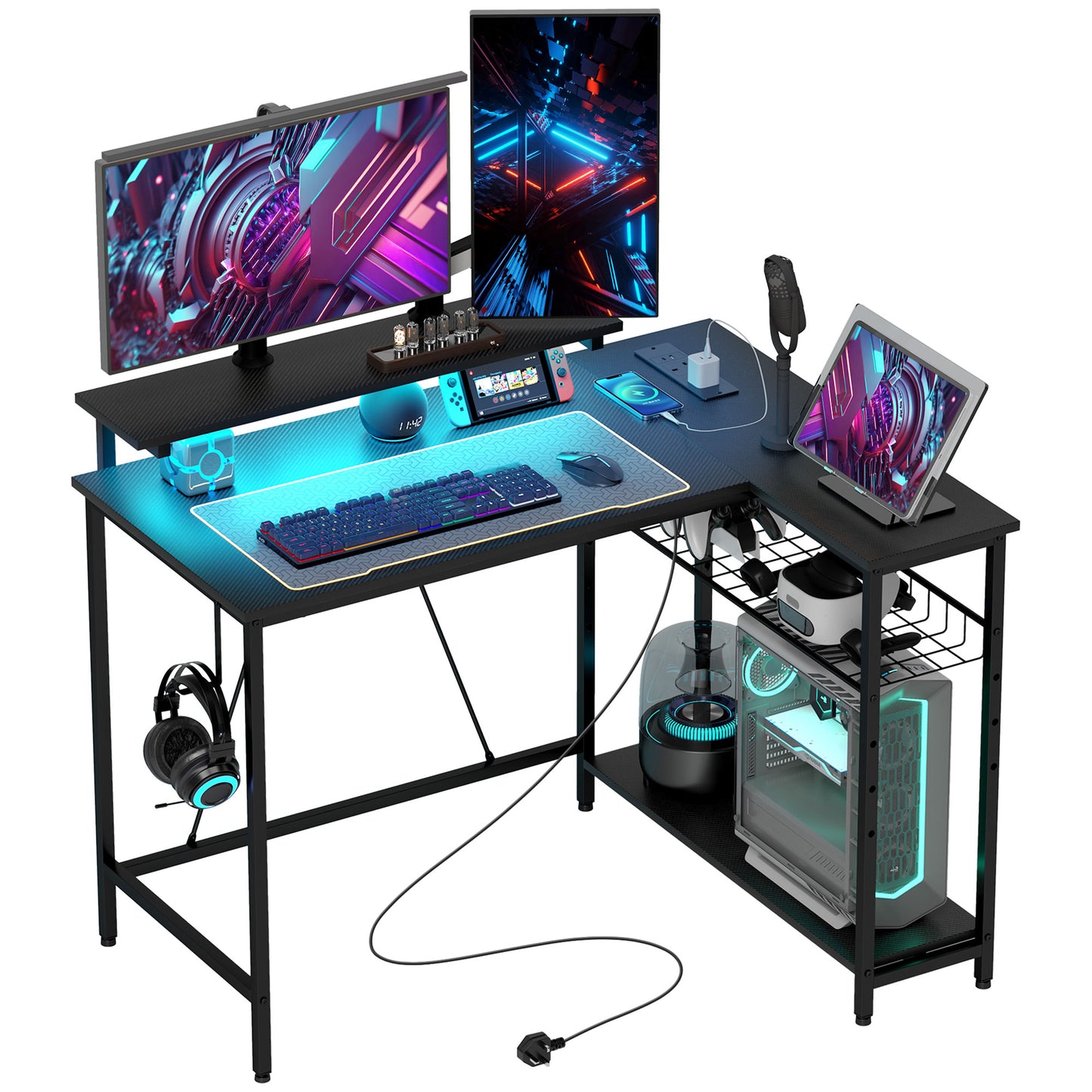 HOMCOM eversible 'L' LED Light Gaming/Work Desk - Black