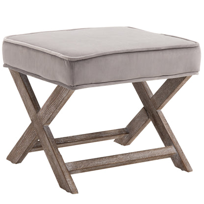 HOMCOM intage Footstool Padded Seat X Leg Chair Velvet Cover Shabby Chic Footrest Solid Rubber Wood Frame 49.5 x 45 x 41 cm Grey