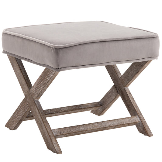 HOMCOM intage Footstool Padded Seat X Leg Chair Velvet Cover Shabby Chic Footrest Solid Rubber Wood Frame 49.5 x 45 x 41 cm Grey