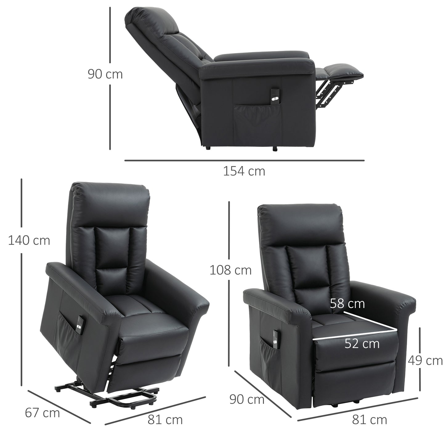 HOMCOM ower Lift Chair, PU Leather Recliner Sofa Chair for Elderly with Remote Control, Side Pocket, Black