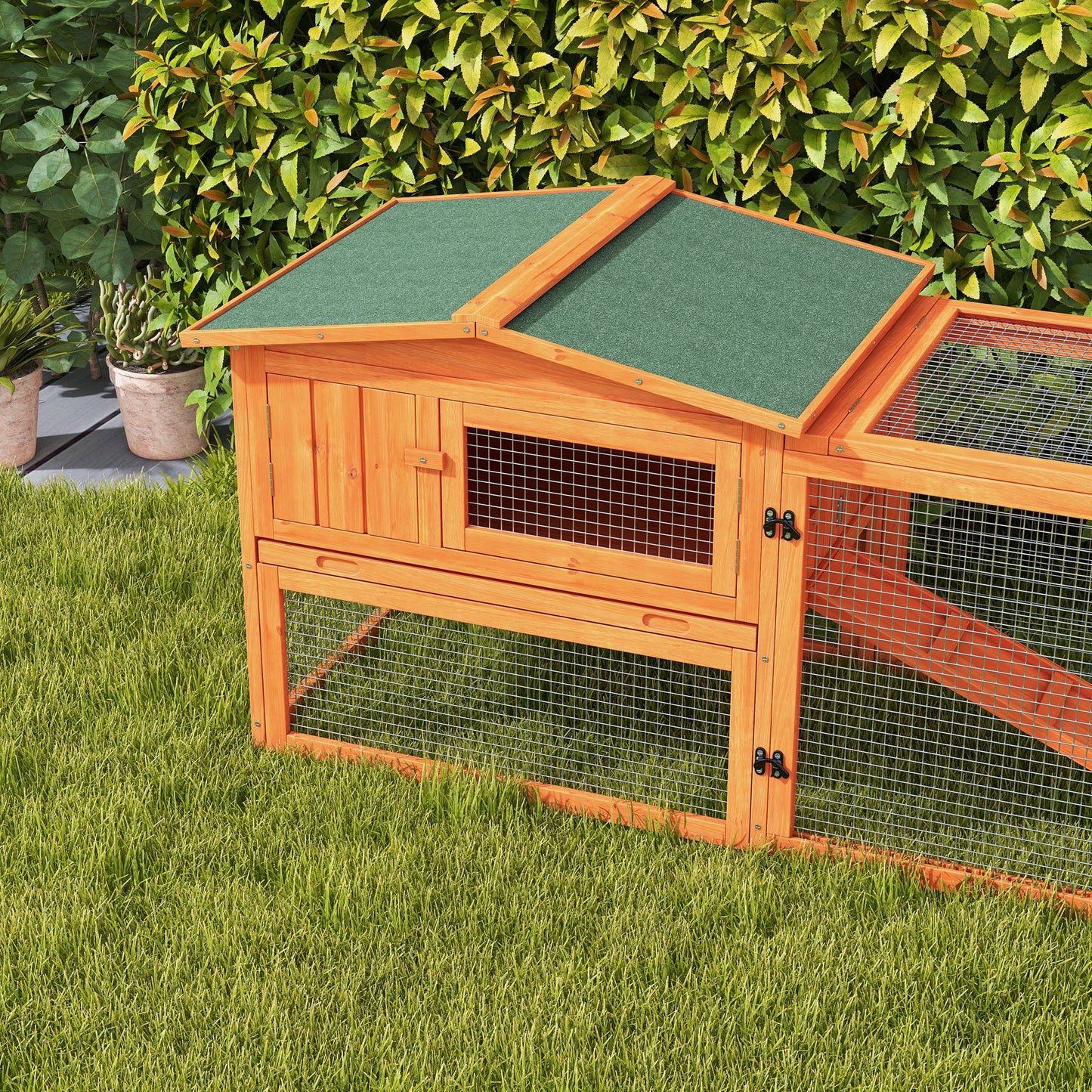 PawHut Rabbit Hutch with Run Wooden Guinea Pig Hutch Outdoor Bunny Cage Hide House with Sliding Tray, Hay Rack, Ramp, 156 x 58 x 68cm, Orange