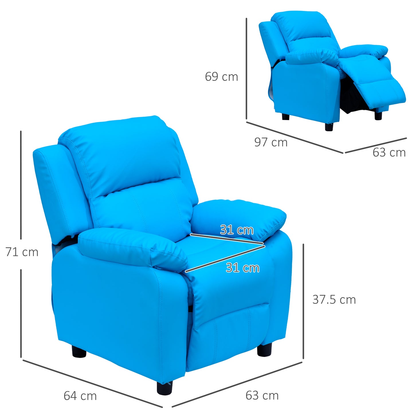 HOMCOM ids Children Recliner Lounger Armchair Games Chair Sofa Seat PU Leather Look w/ Storage Space on Arms (Blue)