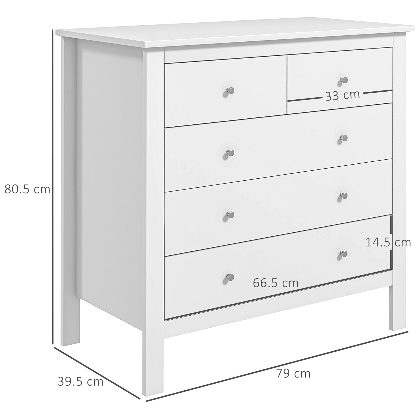 HOMCOM odern Chest of Drawers, 5 Drawer Storage Cabinet with Metal Handles and Runners for Bedroom, White