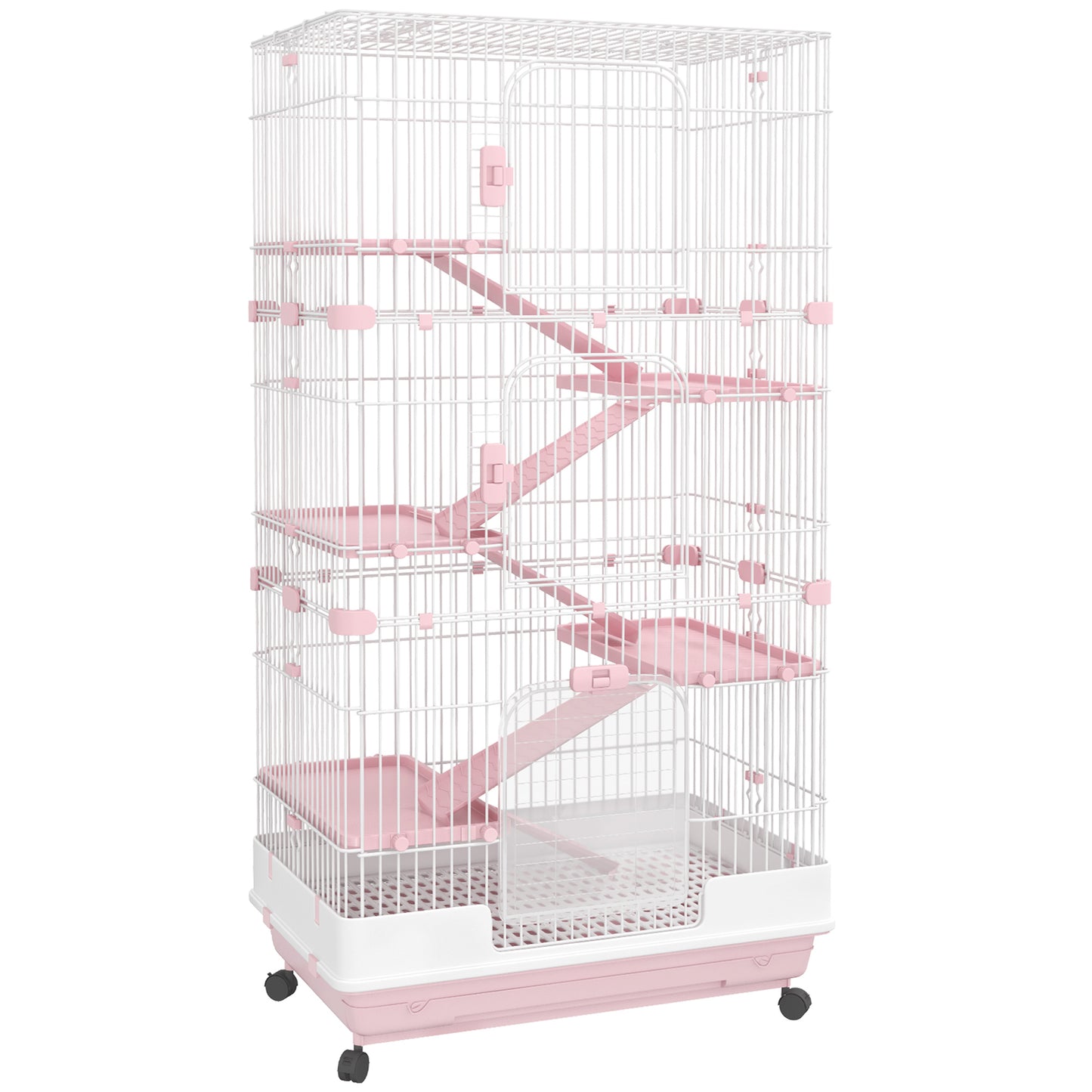 PawHut Six-Tier Small Animal Cage, for Bunnies, Ferrets, Chinchillas w/ Wheels, Tray - Pink