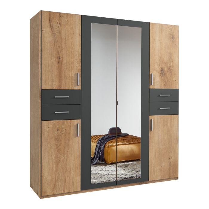 Fenton Oak 4 Door Wardrobe with Drawers | Modern Storage Solution with Mirrors