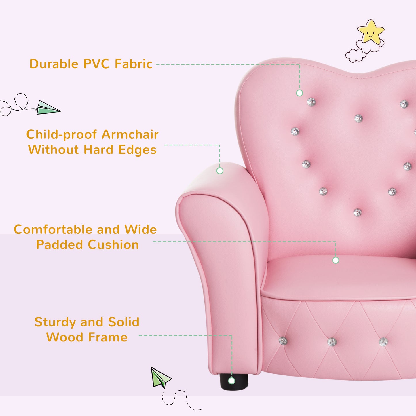 HOMCOM ids Armchair Toddler Chair Seating Relax Playroom Seater Girl Princess Pink