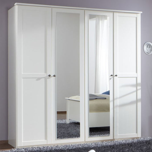 Contemporary White 4 Door Mirrored Wardrobe with Hanging Rail and Storage Shelf