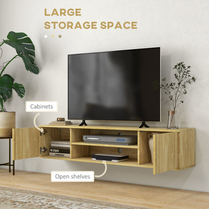 HOMCOM loating TV Stand Cabinet for TVs up to 60", Wall Mounted TV Unit with Open Shelf, Storage Cupboards and Cable Management for Living Room, Natural Wood Effect