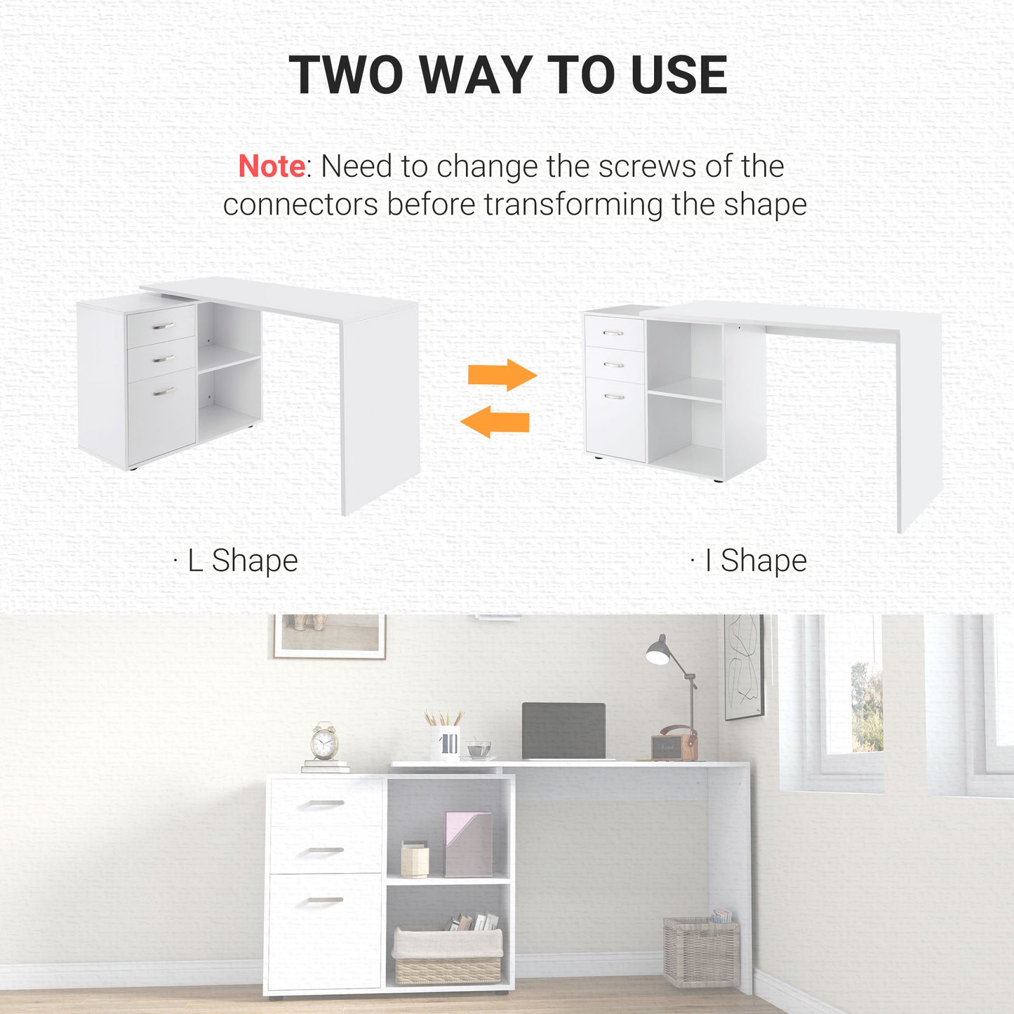 HOMCOM -Shaped Computer Desk, 2 Shaped Corner Desk with Drawers, File Cabinet and Storage Shelves, Home Office Desk, 117 x 83.5 x 76cm, White