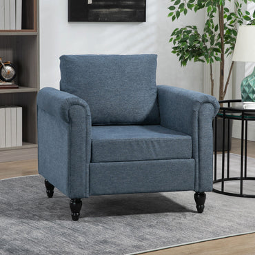 HOMCOM intage Accent Chair, Upholstered Occasional Chair with Back Pillow, Rolled Arms, Rubber Wood Legs, Dark Blue