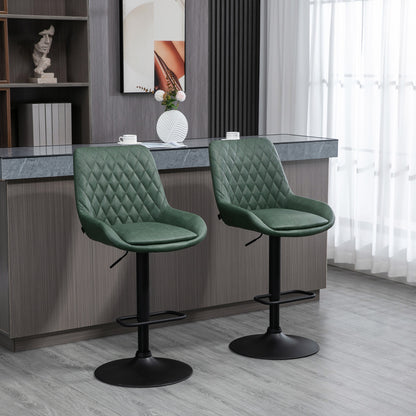 HOMCOM etro Bar Stools Set of 2, Adjustable Kitchen Stool, Upholstered Bar Chairs with Back, Swivel Seat, Green