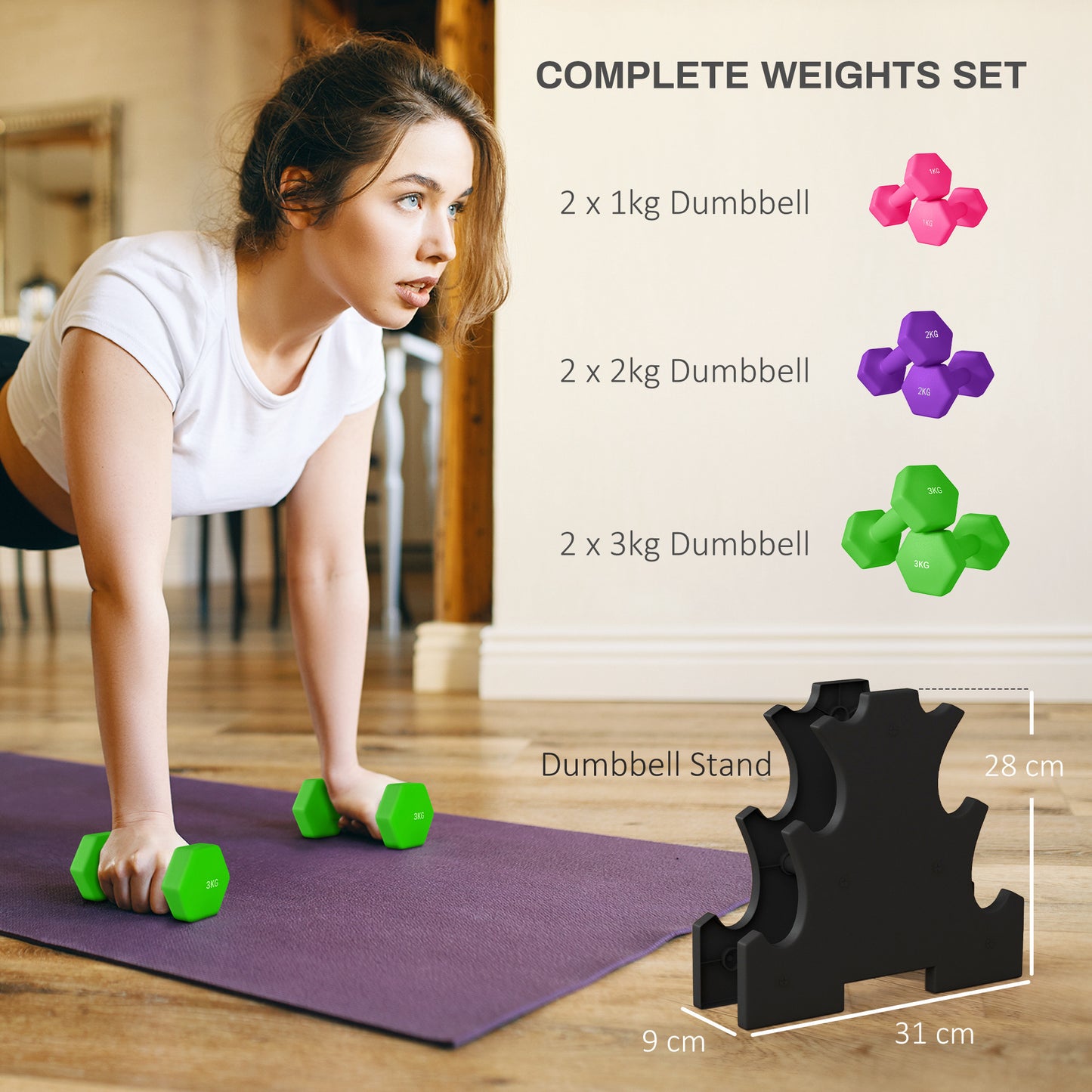 SPORTNOW 2 x 1kg, 2 x 2kg, 2 x 3kg Dumbbells Set with Dumbbell Rack, Hand Weights for Home Gym Training