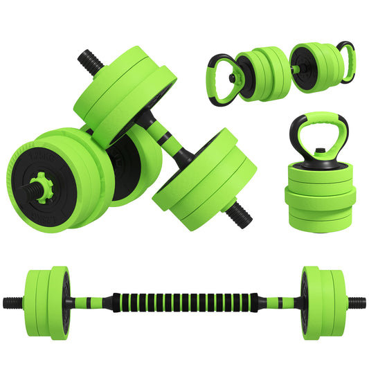 SPORTNOW 20kg Four-In-One Adjustable Weight Dumbbells Set, Barbell, Kettlebell, Push Up Stand - Green