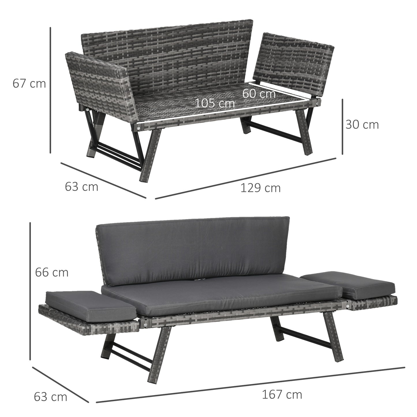 Outsunny 2 Seater Rattan Sofa with Cushions, 2-in-1 PE Rattan Daybed Sofa with Left Up or Down Armrests, Garden Chaise Lounger Loveseat for Outdoor, Patio, Mixed Grey