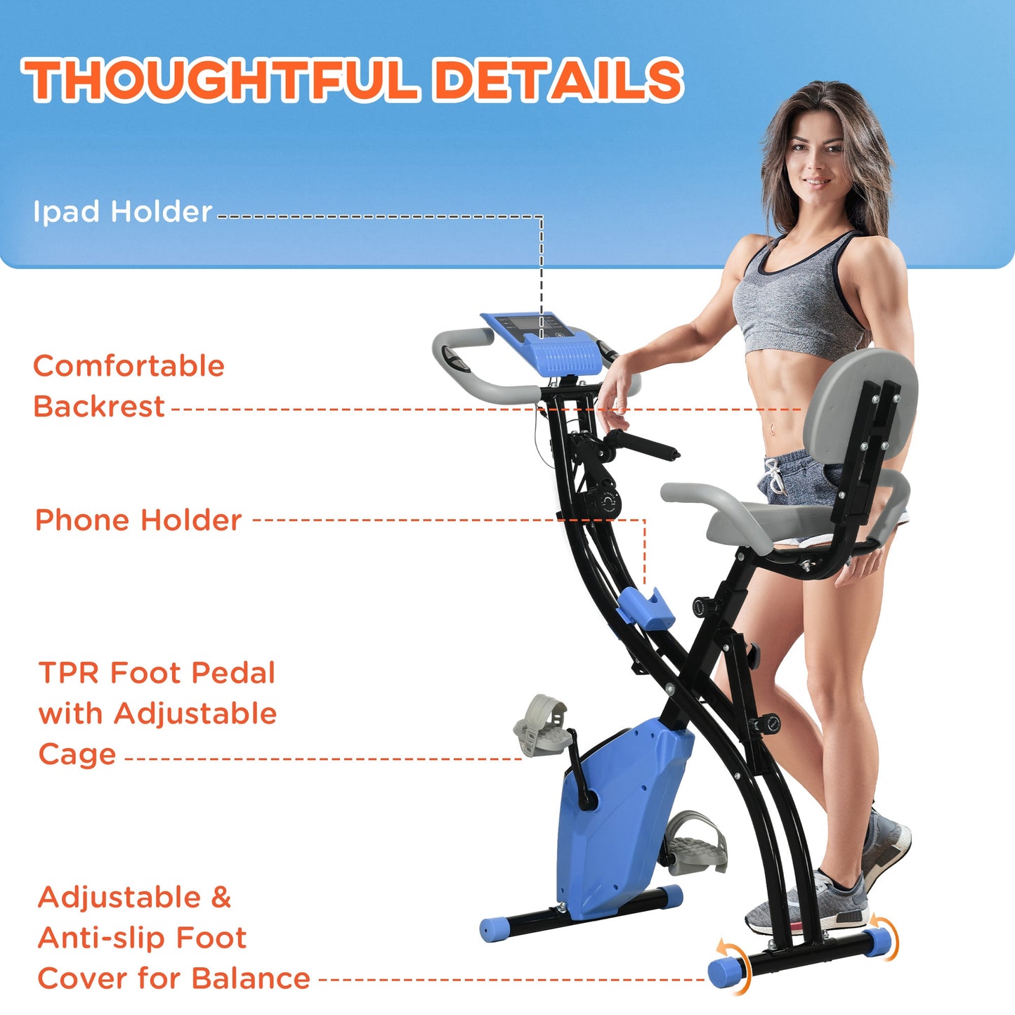 HOMCOM -in-1 Folding Exercise Bike with 8-Level Magnetic Resistance, Arm Resistance Band, Pulse Sensor, Blue