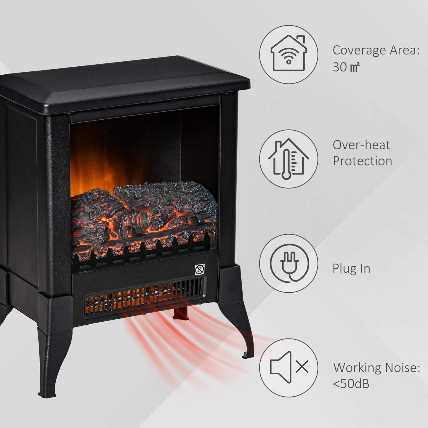 HOMCOM lectric Fireplace Stove, Free standing Fireplace Heater with Realistic Flame Effect, Adjustable Temperature and Overheat Protection, Black