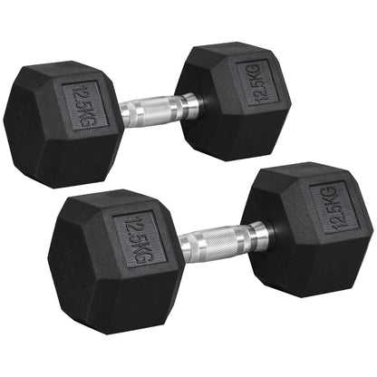 HOMCOM x12.5kg Rubber Hex Dumbbell Portable Hand Weights Dumbbell Home Gym Workout Fitness Hand Dumbbell