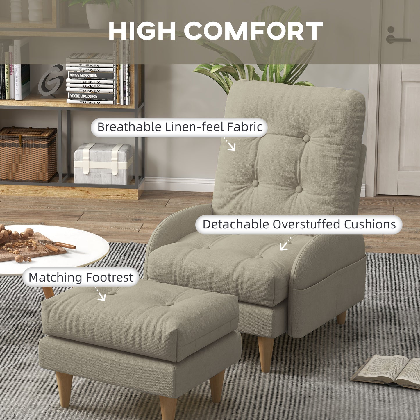 HOMCOM pholstered Recliner Armchair with Footstool Set, Modern Button Tufted Accent Chair with Adjustable Backrest, Cushions, Wood Legs and Side Pockets for Living Room, Bedroom, Home Study, Beige