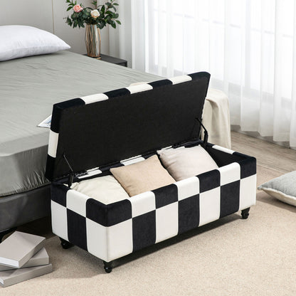 HOMCOM 14 x 47 x 47cm Velvet Storage Ottoman, Button-tufted Footstool Box, Toy Chest with Lid for Living Room, Bedroom, White and Black