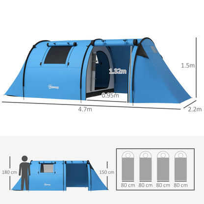 Outsunny Four Man Duo Room Tunnel Tent, with Accessories - Sky Blue