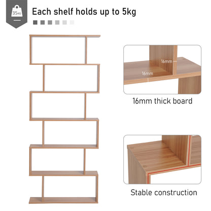 HOMCOM ooden Wood S Shape Storage Display 6 Shelves Room Divider Unit Chest Bookshelf Bookcase Cupboard Cabinet Home Office Furniture (Maple)