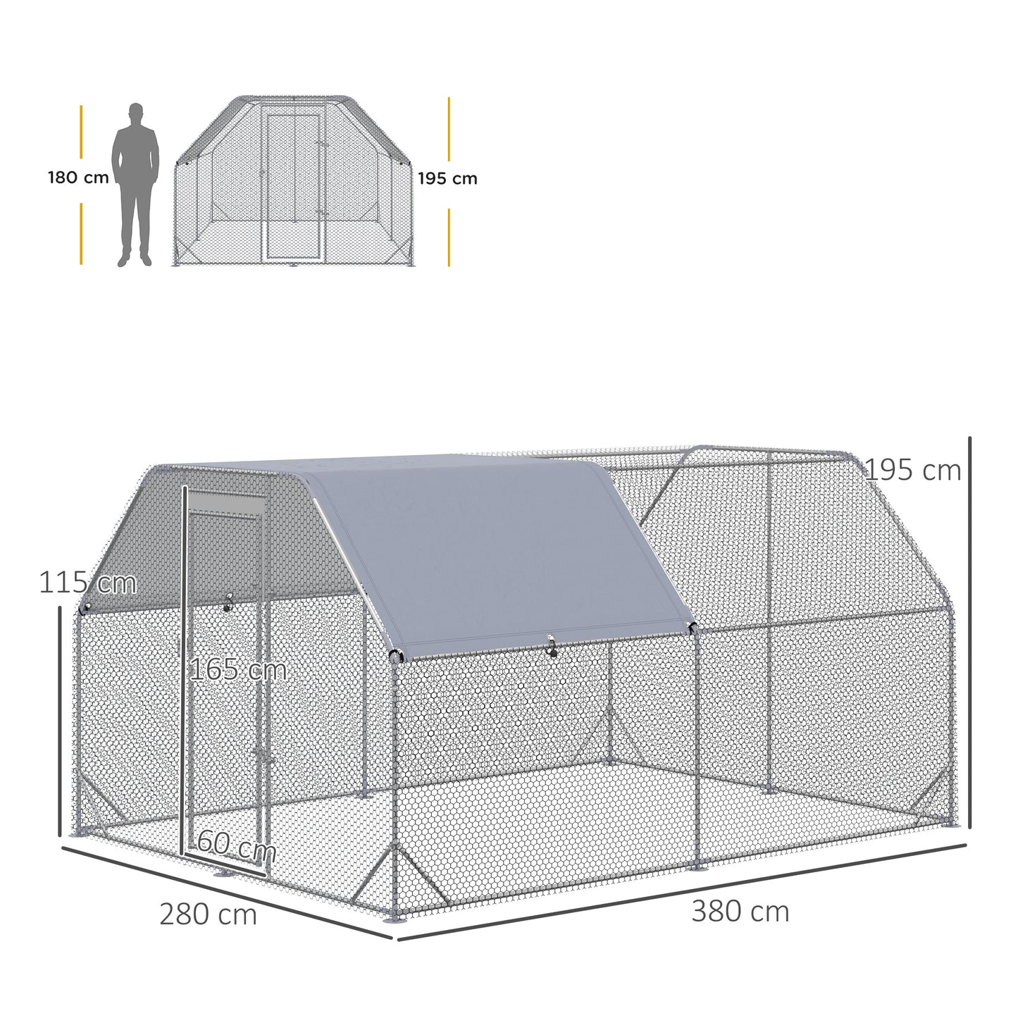 PawHut Walk in Chicken Run Chicken Coop Hen House Outdoor with Roof for 10-12 Chickens, 380 x 280 x 195cm