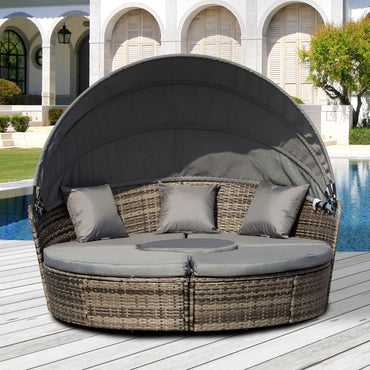 Outsunny Outdoor PE Rattan Garden Furniture with Cushioned, Patio Wicker Conversation Furniture Set, Round Daybed with Retractable Canopy, Coffee Table and Three Pillows, Dark Grey