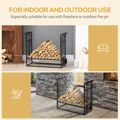 HOMCOM teel Firewood Log Holder Indoor Outdoor Firewood Rack Fireplace Wood Storage Shelf with 4 Tools, Hooks, Scrolls, Rust-Resistant, Black, 75L x 30W x 60H cm