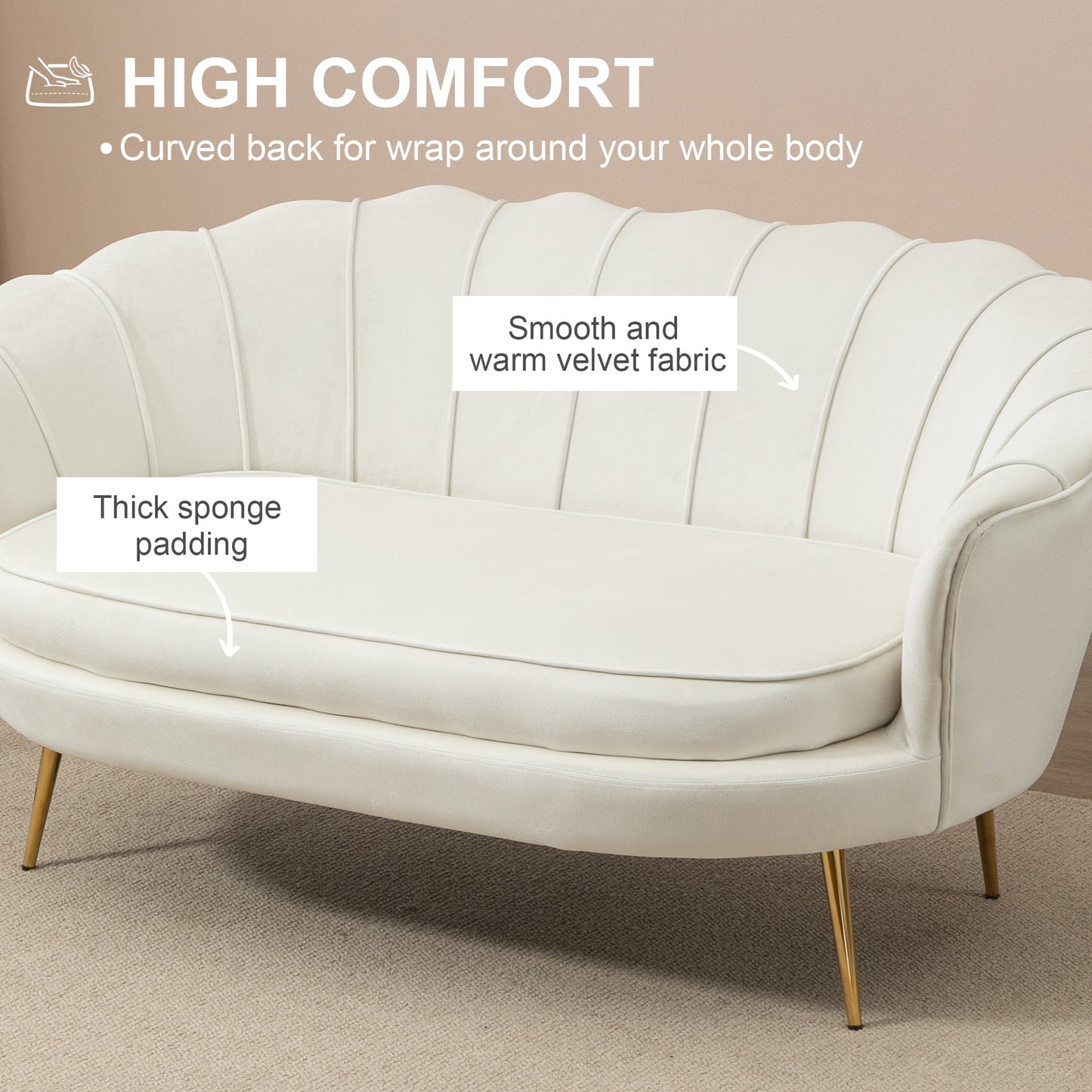 HOMCOM Seater Sofa, Modern Velvet Loveseat Sofa, Fabric Small Couch with Petal Backrest and Gold Steel Legs for Living Room, Bedroom, Cream