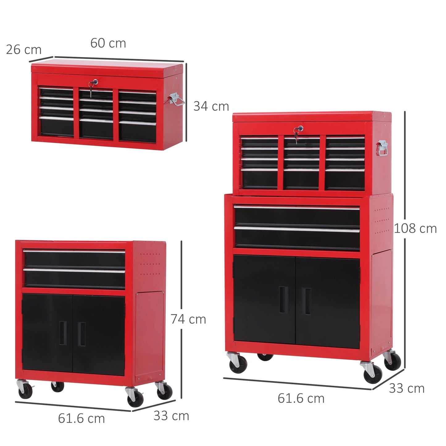 HOMCOM ool Chest, Metal Tool Cabinet on Wheels with 6 Drawers, Pegboard, Top Chest and Roller Cabinet Combo, 61.6 x 33 x 108cm, Red