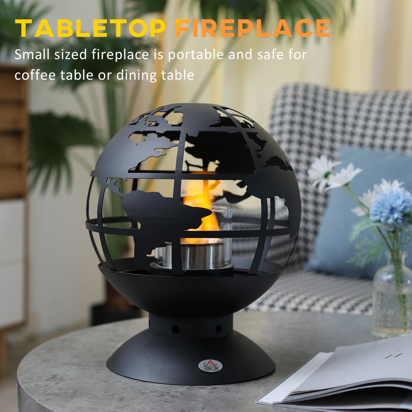 HOMCOM lobe Shape Tabletop Fireplace, Portable Metal Bioethanol Fireplace with Lid and 0.4L Tank, 1.5 Hour Burning Time for Liquid Alcohol, Black