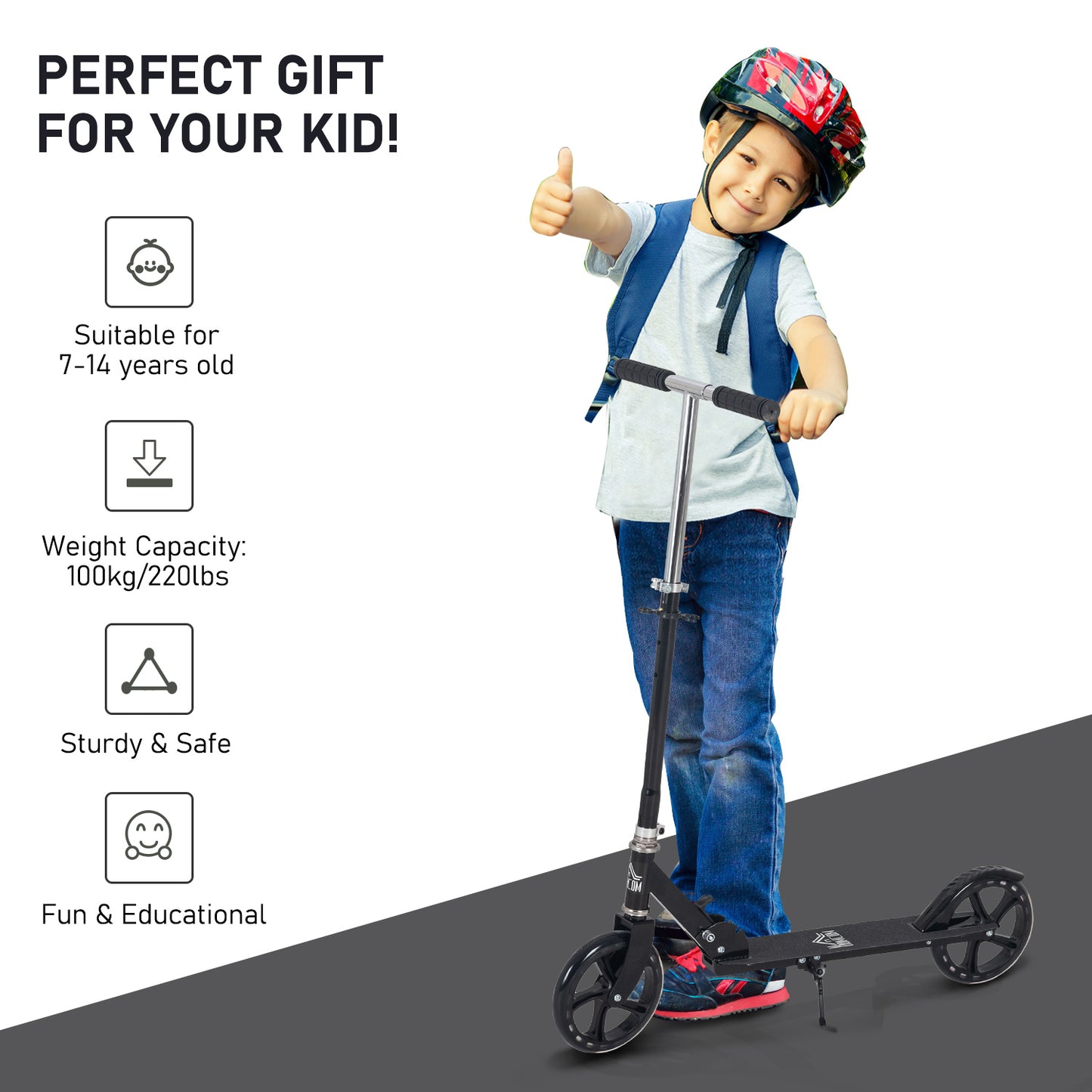 HOMCOM ids Scooter Teenager Kick Scooter Foldable 4 Levels Adjustable Height with Rear Fender Brake for 7-14 Years