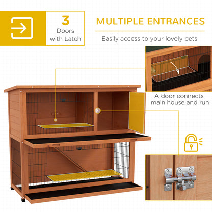 PawHut Two-Tier Antiseptic Wood Rabbit Hutch, 102cm Guinea Pig Hutch with Run - Orange