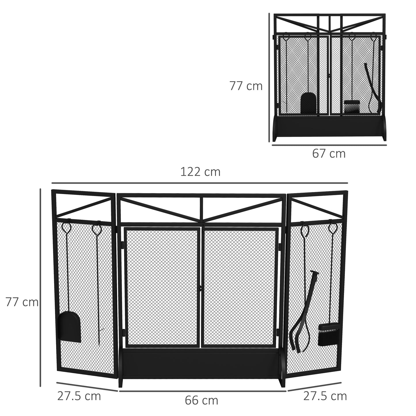 HOMCOM Panel Folding Fire Guard Screen with Fireplace Tool Sets and Front Doors, Freestanding Fire Screen Spark Guard with Feet for Open Fire, Log Burner, Fireplace, 122 x77 cm, Black