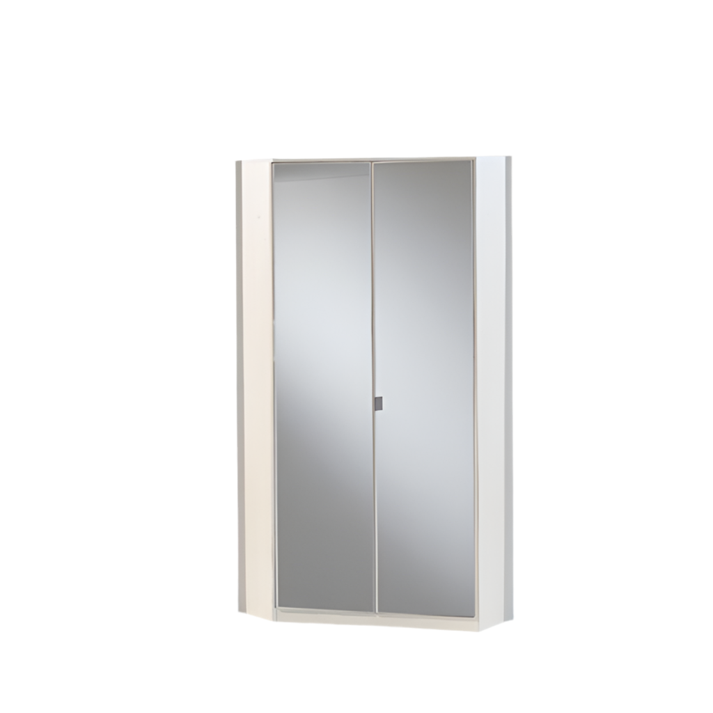 Gema White Gloss Mirrored Corner Wardrobe | Hinged | White | Mirror, 8 Shelves | 2 Doors | 95cm