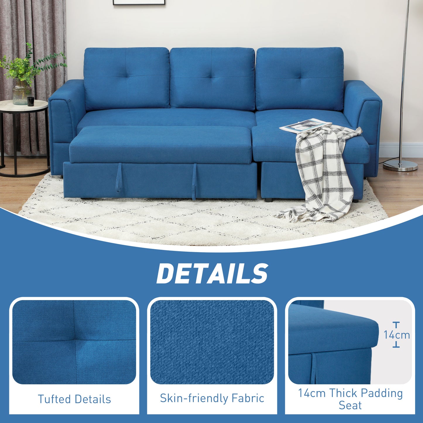 HOMCOM Seater Sofa Bed, L-Shaped Corner Sofa, Pull Out Sofa with Storage, Convertible Click Clack Settee Sectional Sleeper Futon for Living Room, Office, Dark Blue