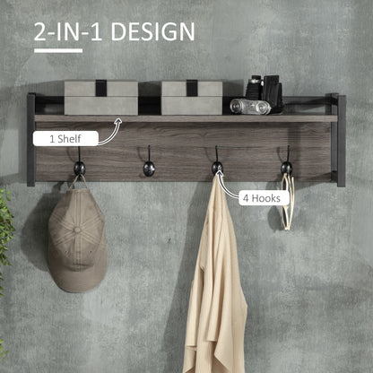 HOMCOM all Coat Rack with 4 Hooks Floating Shelf with Storage Rack for Keys, Clothes, Bags for Hallway, Entryway, 80 x 20 x 22.5 cm, Grey