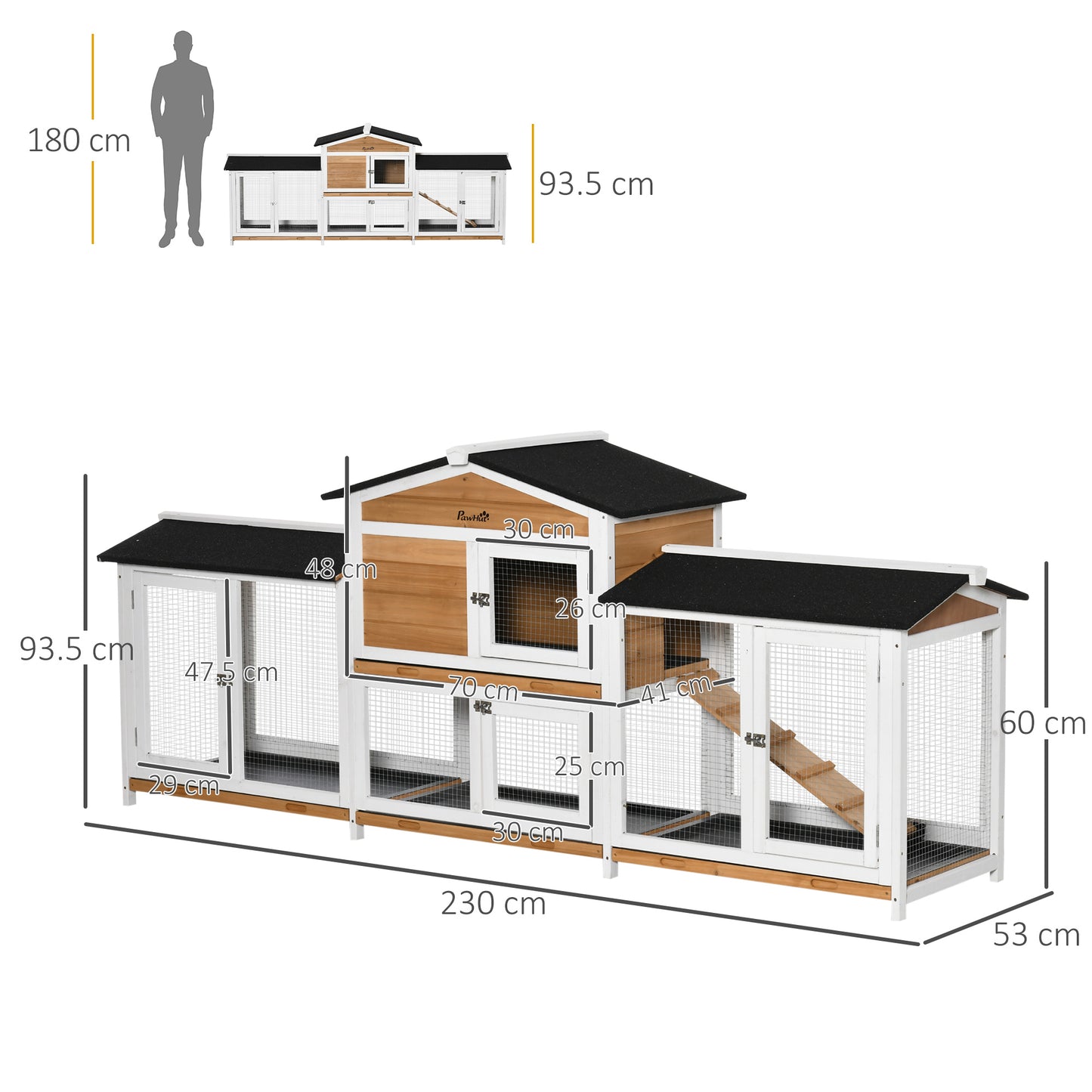 PawHut Large Rabbit Hutch Outdoor, 2-Tier Guinea Pig Hutch, Wooden Bunny Run, Small Animal House with Double Side Run Boxes, No-leak Plastic Tray, Ramp, 230 x 53 x 93.5cm