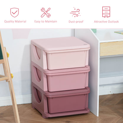 HOMCOM ids Storage Units with 3 Drawers 3 Tier Chest Vertical Dresser Tower Toy Organizer for Nursery Playroom Kindergarten Pink