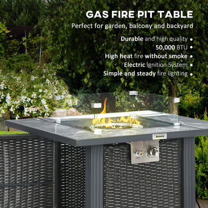 Outsunny Outdoor PE Rattan Gas Fire Pit Table, Patio Square Propane Heater with Marble Desktop, Rain Cover, Glass Windscreen, and Glass Stones, 50,000 BTU, Black