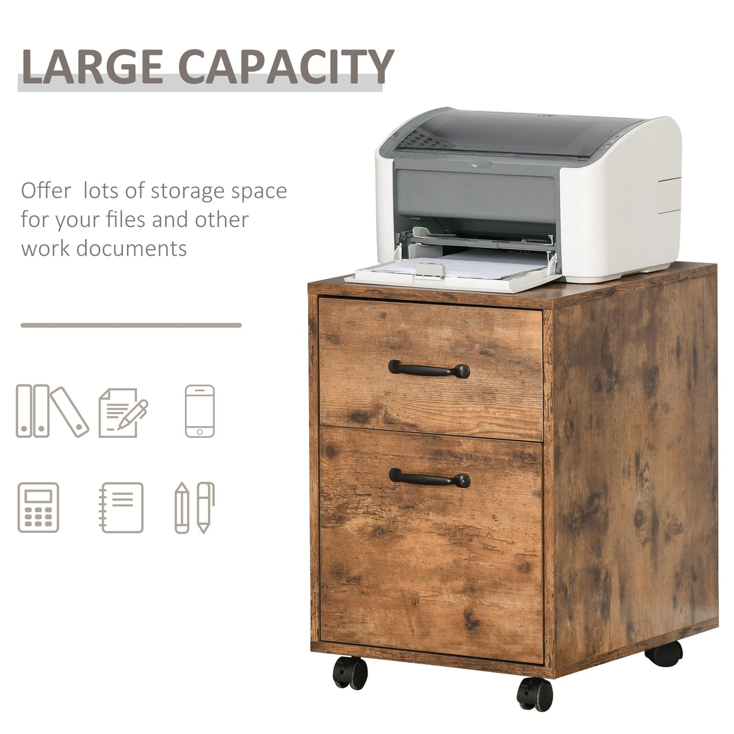 HOMCOM olling File Cabinet with 2 Drawers, Mobile Filing Cabinet with Hanging File Folder for Letter Sized Documents, Rustic Brown