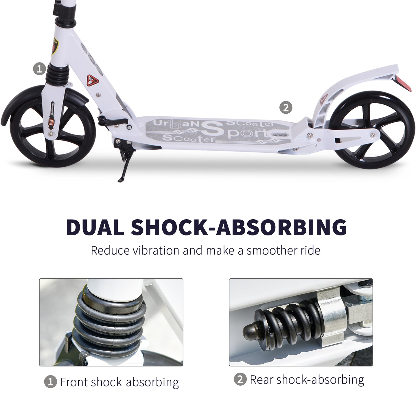 HOMCOM olding Kick Scooter 2 Big Wheels Teens Adult 14+ Adjustable Ride On White