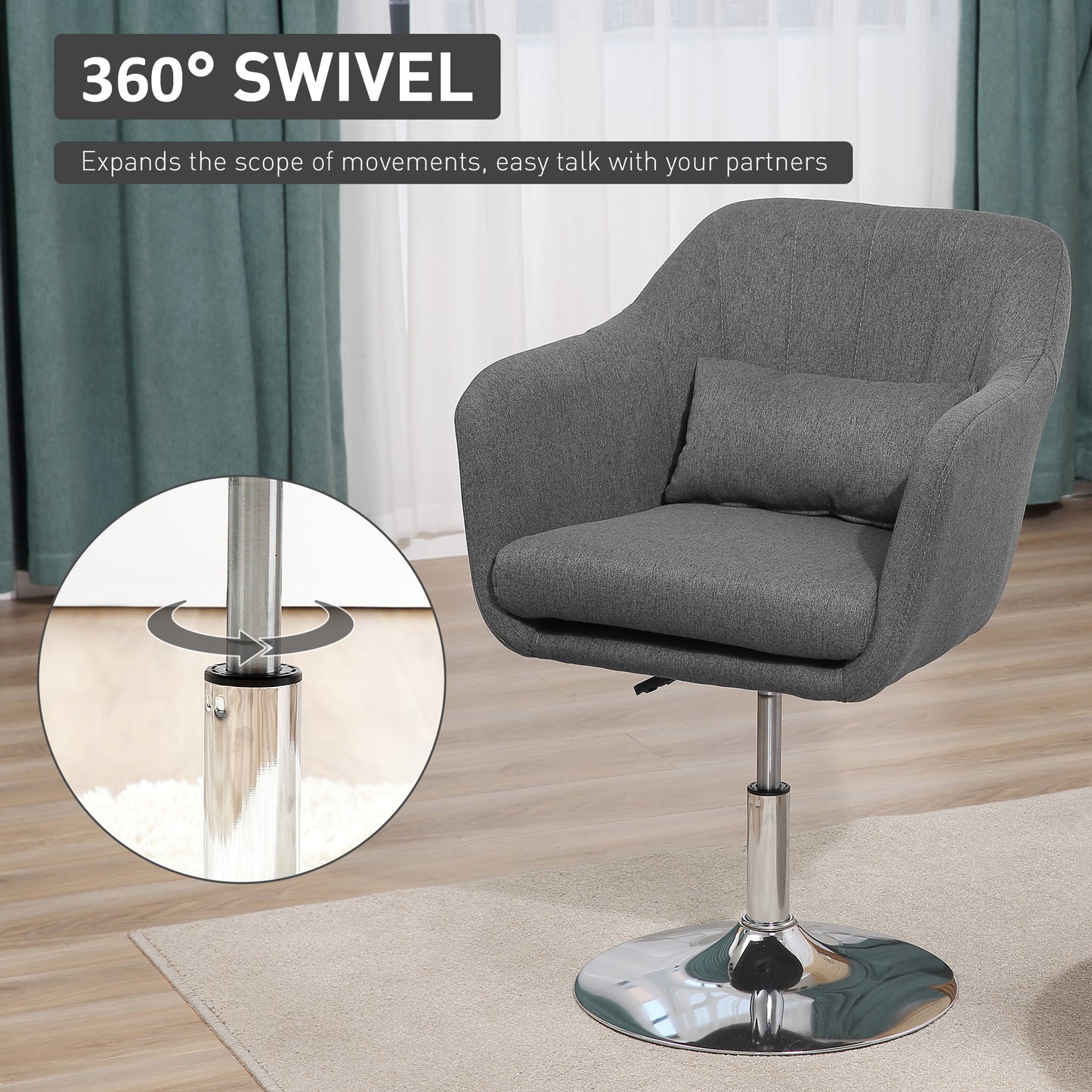 HOMCOM wivel Linen Fabric Accent Chair for Living Room Contemporary Vanity Armchair with Adjustable Height Thick Cushion Lumbar Support Armrest for Bedroom Office Dark Grey