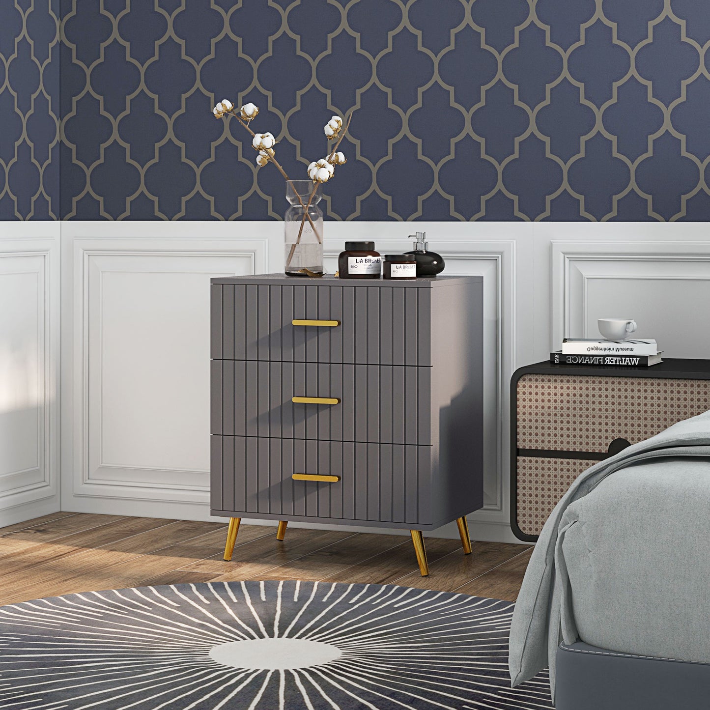 HOMCOM hree Drawer Embossed Line Dresser - Grey/Gold Tone