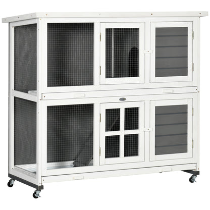 PawHut Wooden Rabbit Hutch, Two-Tier Guinea Pig Cage, with Removable Tray, Wheels