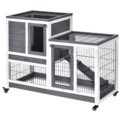 PawHut Wooden Indoor Rabbit Hutch Guinea Pig House Bunny Small Animal Cage W/ Wheels Enclosed Run 110 x 50 x 88 cm, Grey