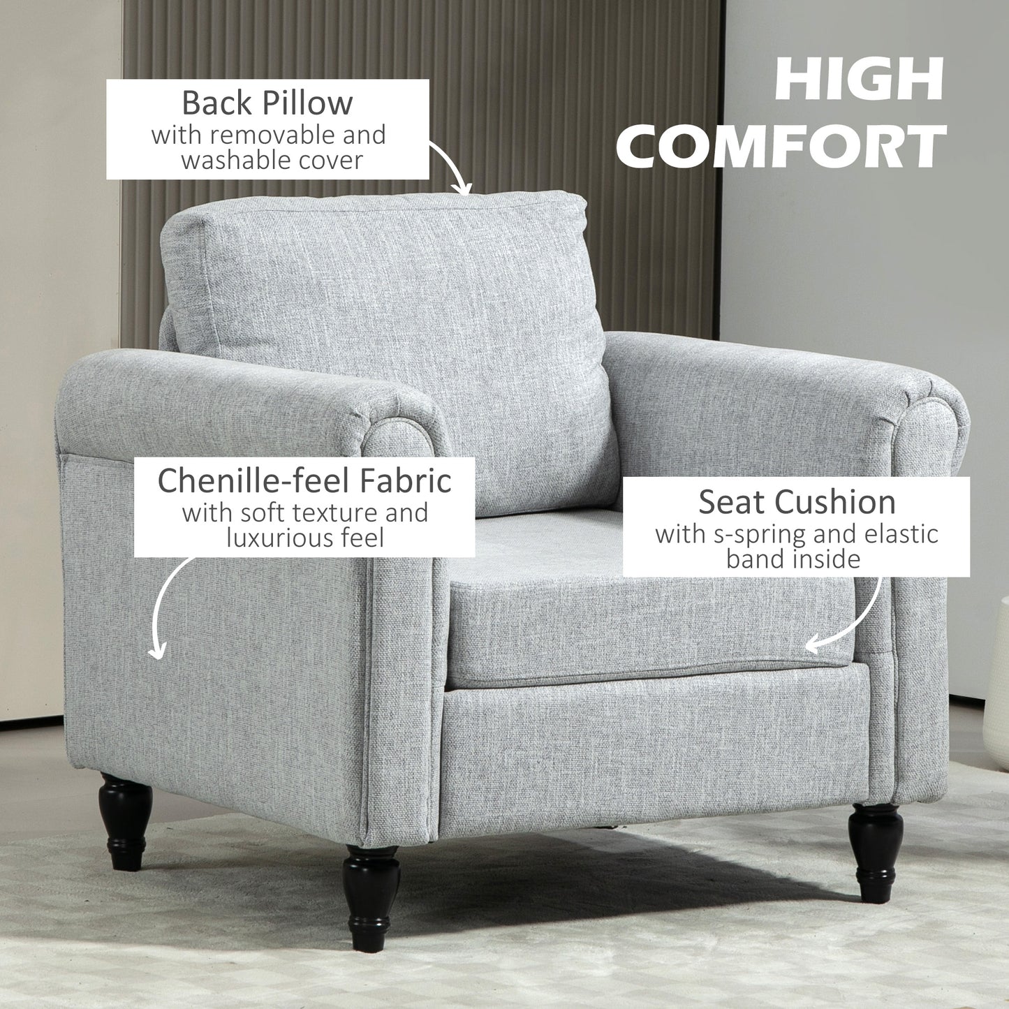 HOMCOM intage Accent Chair, Upholstered Occasional Chair with Back Pillow, Rolled Arms, Rubber Wood Legs, Light Grey