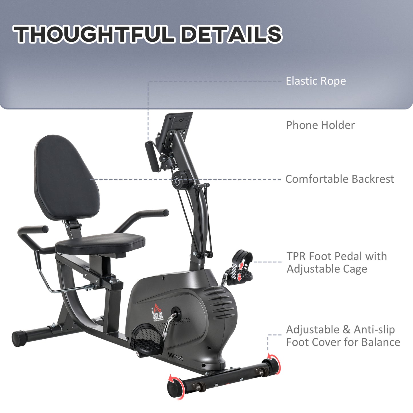 HOMCOM ecumbent Exercise Bike Recovery Exerciser, 8-Level Magnetic Resistance Stationary Bike with Pad Holder, LCD Monitor, for Indoor Cardio Workout, Black